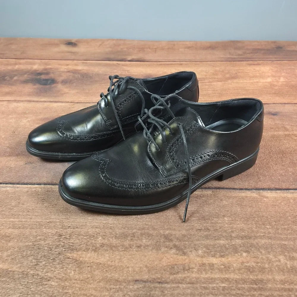 ECCO Wingtip Oxford Mens 43 Black Good Leather Brogue Lace Up Dress Shoes